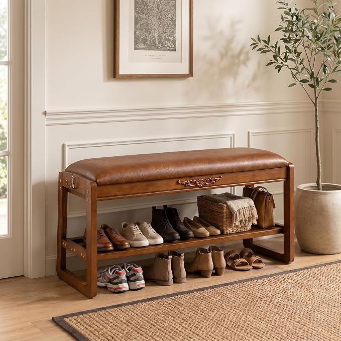 Shoe Rack Bench,2 Tiers Shoe Bench with Storage with Flip-Top,Wood Shoe Rack for Entryway,Hallway(Solid Upholstered Seat,39.4")