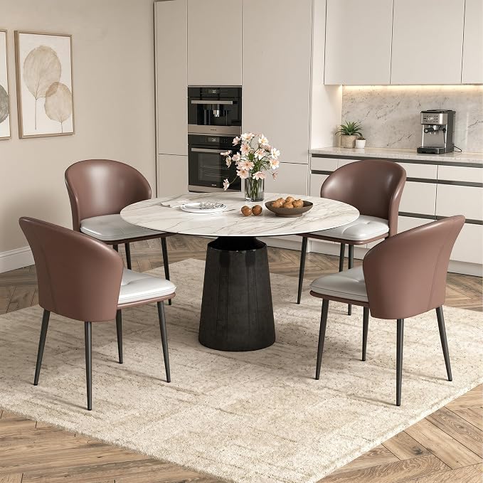 Modern Curved Back Dining Chairs Set of 4, Faux Leather Upholstered Accent Chair, Mid-Century Kitchen Side Chair with Soft Cushion for Dining Room, Living Room, Bedroom, Brown