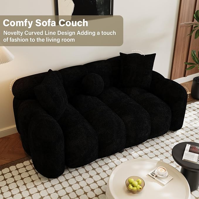 Wrofly Boucle Sofa Couch, 64.7" Modern Tufted Upholstered 2 Seater Loveseat Sofa with 3 Pillows, Comfy Deep Seat Cloud Couch, Small Love Seat for Living Room Apartment, Black