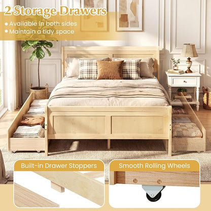 Giantex Full Bed Frame with 2 Storage Drawers, Wood Platform Bed with Headboard & Footboard, Wooden Slats Support Mattress Foundation, Sleigh Bedframe for Teens Adults, No Box Spring Needed (Natural)