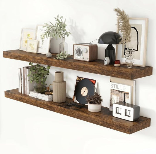 Heimlove 51 Inch Floating Shelves for Wall 8 Inch Deep Rustic Brown Shelves Set of 2,Wall Mounted Rustic Wood Long Floating Shelf，Large Display & Storage Shelf with Invisible Brackets