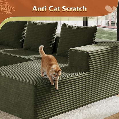 WLIVE 104'' Cloud Sectional Couches for Living Room, Modular Boneless Couch with Left Facing Chaise, L Shape Memory Foam Corduroy, with Cushion, Green
