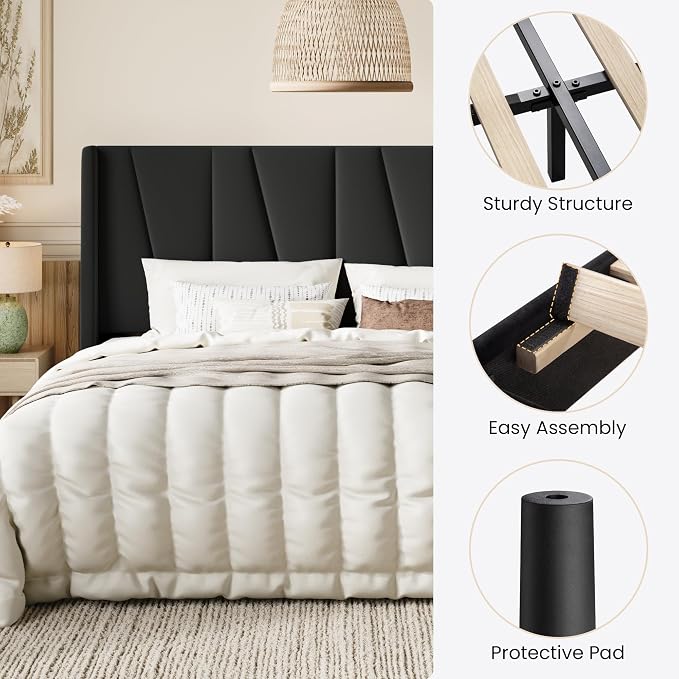 SHA CERLIN King Size Velvet Bed Frame with Geometric Wingback Headboard, Upholstered Platform Bed with Wooden Slats Support, 8" Under-Bed Space, No Box Spring Needed, Easy Assembly, Black