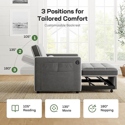 Marsail 3-in-1 Convertible Futon Sleeper Sofa Bed, Pull Out Couch with Adjustable Backrest, USB Charging & Side Pockets, Velvet Fabric Sofa for Living Room, Apartment, Loveseat, Grey