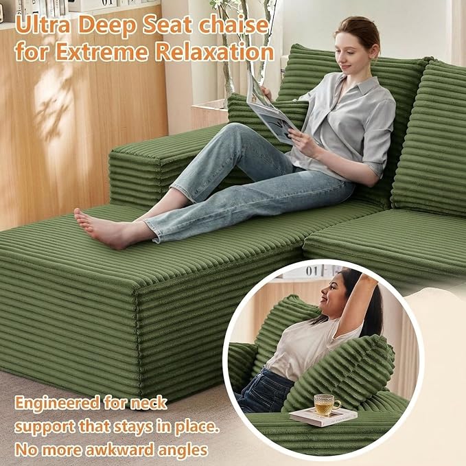 Sectional Couches for Living Room Cloud Couch Sofa with L-Shape Couch in a Box Upholstered Boneless Couchs Modern Modular Sectional Couch with Chaise (Green,B-3 Seater-Left-Facing Chaise-96 inch)