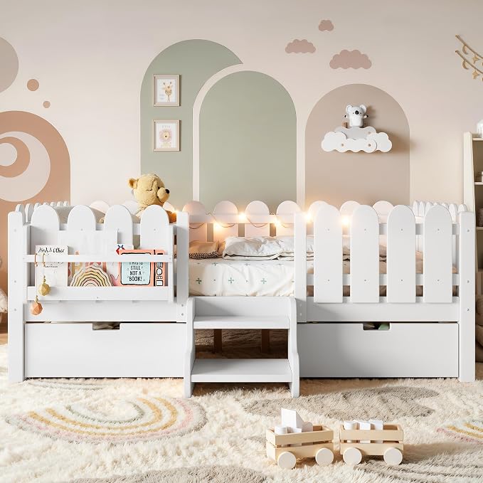 Bellemave Full Kids Montessori Bed with Stairs, Bookshelf and LED Lights, Solid Wood Kids Bed Frame with Storage Drawers for Boys Girls, Low Profile,White