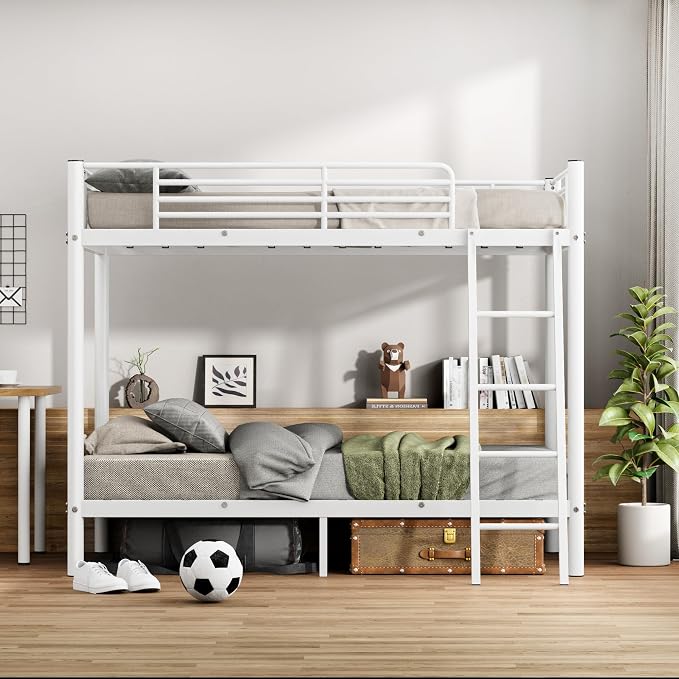 SDHYL Twin Over Twin Bunk Beds with Mattresses, Heavy Duty Metal Bunk Beds for Adult,with Memory Foam Mattresses, Space Saving,No Box Spring Needed,White