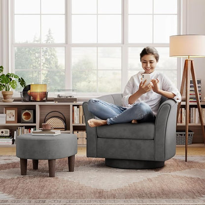 LINSY Swivel Accent Chair Ottoman Set: Velvet Larege Barrel Chair with Foot Rest, Modern Reading Chair Upholstered Armchair with Footrest for Living Room Bedroom Study Room Office (Grey)