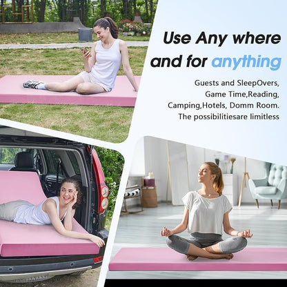CYMULA 3 Inch Memory Foam Camping Pad, Camping Essentials Roll Up Floor Mat for Car Camping, Cot, Tent, Truck, Travel and Guest Use, Non-Slip Waterproof Bottom, Removable Cover