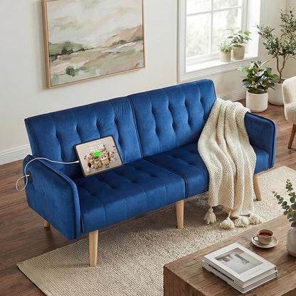 TYBOATLE 62.99" W Velvet Modern Convertible Folding Futon Couch Sofa Bed w/ 2 USB Charging Ports for Compact Living Space, Small Couches for Office, Dorm, RV Room, Apartment, Bedroom (Navy Blue)