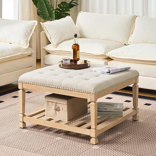 Befurtori Large Square Ottoman Coffee Table, Linen Solid Upholstered Footrest Ottoman with Solid Wood Shelf Storage Tufted Coffee Table for Bedroom Living Room-Ivory