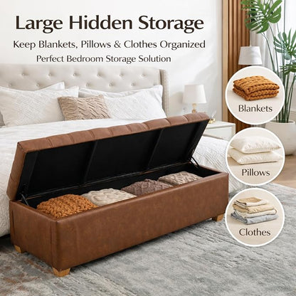 60.2" Storage Bench, End of Bed Storage Benches, PU Fabric Upholstered Ottoman Bench with Safety Hinge for Living Room Entryway Bedroom Hallway