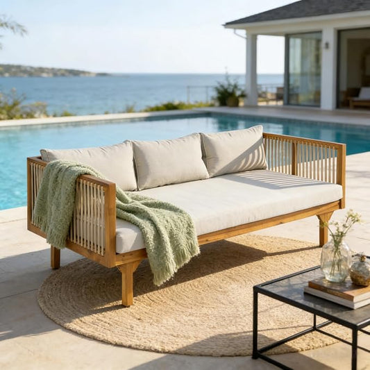 Merax Acacia Wood Outdoor Patio Loveseat Sofa w/Coushion and & Light Brown Rope, 3-Seater Sofa Daybed for Backyard, Lawn, Deck, Balcony, Water Repellent Fabric, 600 lbs Capacity,Teak +Light Gray