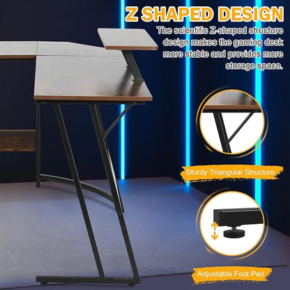 51 Inch L Shaped Gaming Desk Corner Computer Desk with Detachable Monitor Stand for Home Office Learning Gaming Workstation,Brown