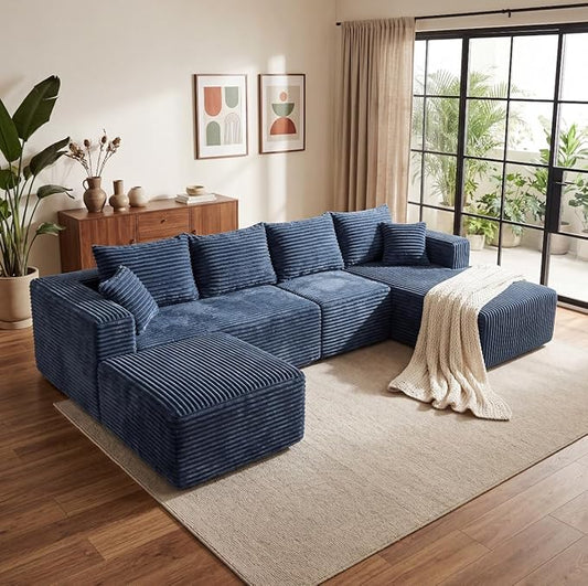 118" Modular Sectional Sofa with Chaise and Ottoman, Oversized U-Shaped Corduroy Cloud Couch, Deep Seat Boneless Couch for Living Room, No-Assembly - Blue (Right Facing Chaise)