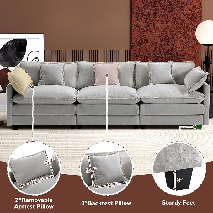 Ihanherry 111.4 Inch 3-Seater Cloud Sofa, Modular Sectional Couch, Modern Deep Seat Sofa for Living Room, Comfy Double Layer Upholstered Seat Cushion, Breathable Chenille Fabric, Grey