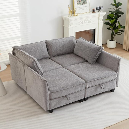 ORRD Sleeper Modular Sectional Sofa Set, Convertible Couch Bed with Storage, 4 Seater and 4 Armrestes Sofa Modular for Living Room, Office (Grey)