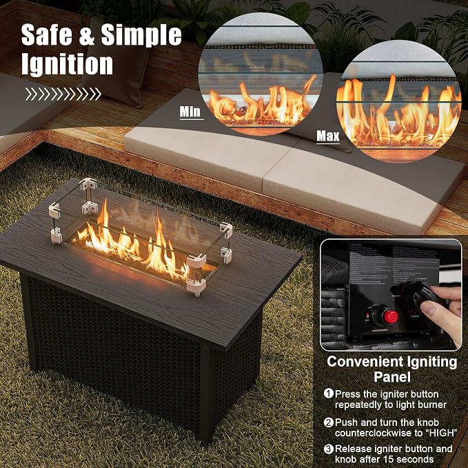 Tangkula Outdoor Propane Fire Pit Table, 42 Inch Rectangular Rattan Fire Table with Wind Guard & Glass Rocks, 50,000 BTU Smokeless Gas Fire Pit for Outside Patio (Black)
