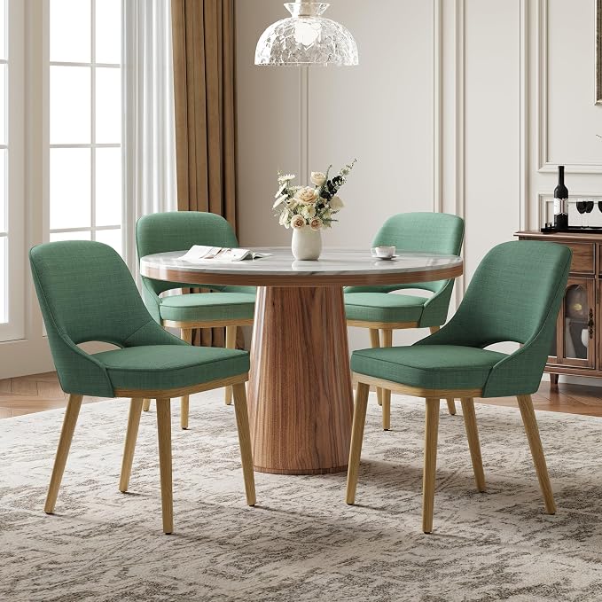 Modern Upholstered Dining Chairs Set of 4, Open Back with Solid Wood Legs, Ergonomic Curved Back Fabric Kitchen Chairs for Dining Room & Kitchen, Living Room Side Chairs, Farmhouse, Green