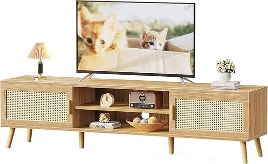 SUPERJARE 70.9 Inch Boho TV Stand for 75 Inch TV, Entertainment Center with Adjustable Shelf, Rattan TV Console with 2 Cabinets, Media Console, Solid Wood Feet, 4 Cord Holes, for Living Room, Natural