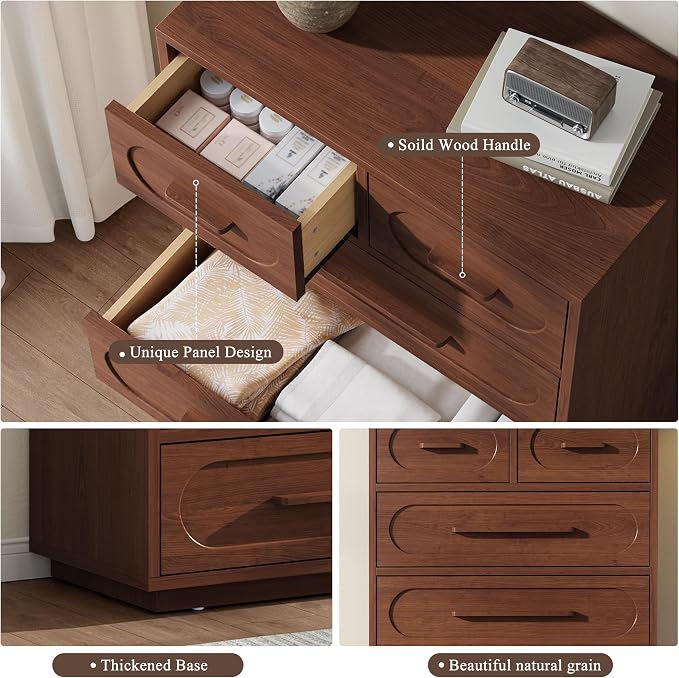 Walnut 6 Drawer Dresser for Bedroom, 44" Tall Dressers & Chest of Drawers with Solid Wood Handle, Wood Storage Dressers Organizer for Bedroom, Living Room