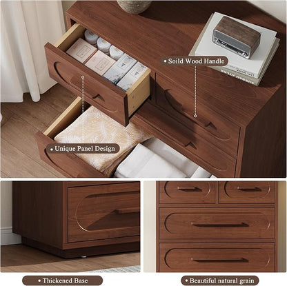 Walnut 6 Drawer Dresser for Bedroom, 44" Tall Dressers & Chest of Drawers with Solid Wood Handle, Wood Storage Dressers Organizer for Bedroom, Living Room