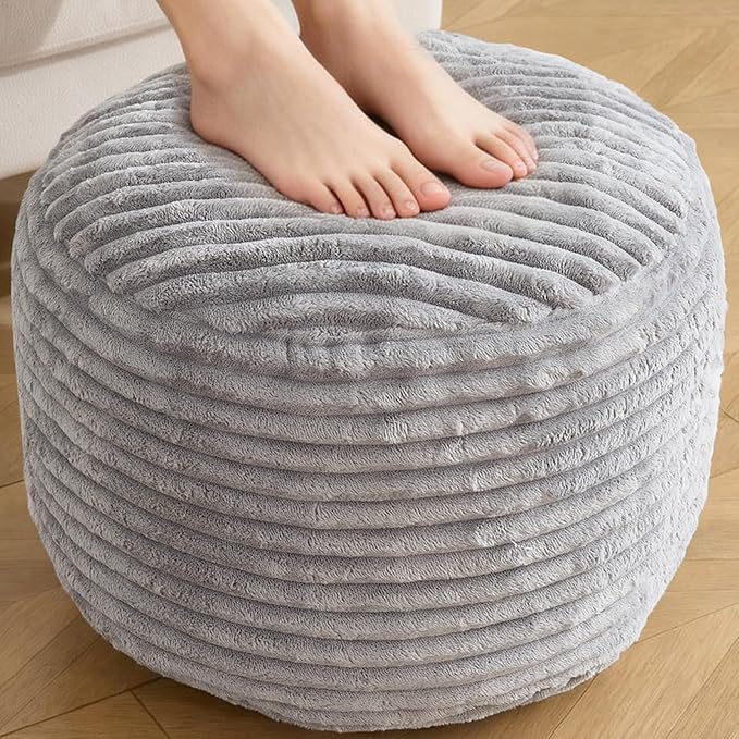Round Ottoman,Corduroy Pouf Ottoman Foot Rest,Light Grey,18x14 IN | Storage Footstool for Living Room,18x14 Soft Floor Poufs,Memory Foam Filling,Footrest only