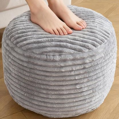 Round Ottoman,Corduroy Pouf Ottoman Foot Rest,Light Grey,18x14 IN | Storage Footstool for Living Room,18x14 Soft Floor Poufs,Memory Foam Filling,Footrest only