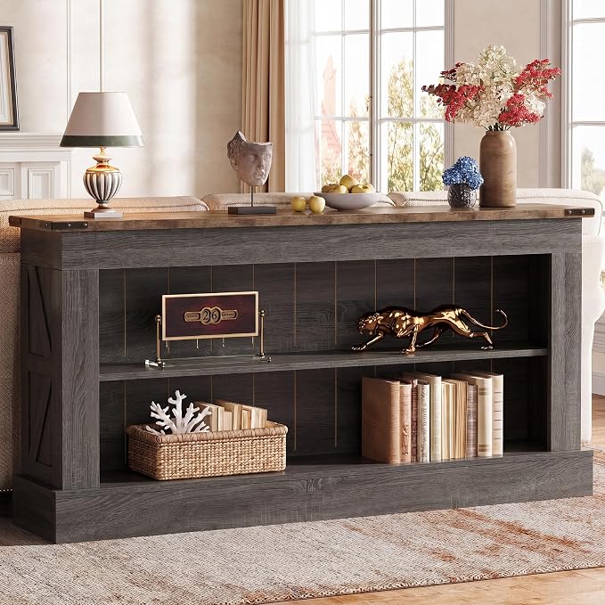 Tribesigns 63-Inch Long Console Table for Entryway, Narrow Long Entry Table with Shelves for Living Room, Farmhouse Sofa Console Behind Couch, for Foyer, Hallway, Gray and Brown