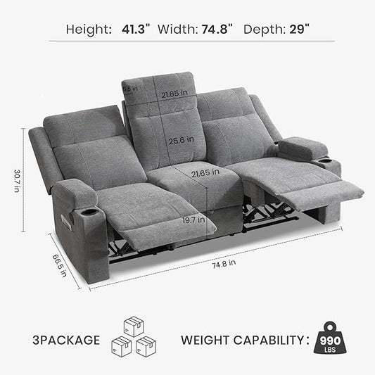 75'' Manual Reclining Sofa with Storage Drawer, 3 Seat Wall Hugger Recliner Couch with Cup Holders, Side Pockets, Chenille Fabric, Compact 3-Person Recliner for RV, Living Room, Apartment (Grey)