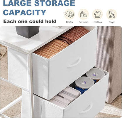 DUMOS Nightstand Set of 2, Small Dresser with 2 Fabric Drawers, End Table | Bedroom Kids Bedside Storage Furniture for 25 inch Tall Night Stand, Dorm, White