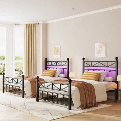 EnHomee 14.2" Metal Twin Bed Frames with Tall Headboard & Footboard, LED Light Twin Bed Frame, Strong Slats Support and Noise-Free Design with Under Bed Storage/No Box Spring Needed/Black