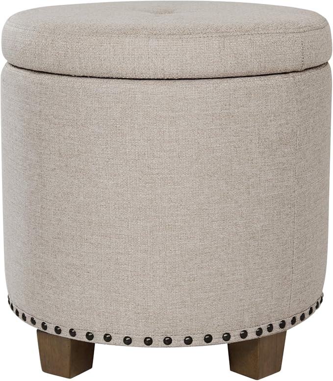 HomePop 18.5" Round Storage Ottoman with Nailheads - Light Brown Fabric