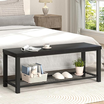 EXCEFUR Entryway Bench, Modern Wood and Metal Storage Bench for Hallway Front Door Entrance, Industrial Indoor Shoe Rack Bench Seat for Bedroom Living Room, 43.3 Inch Black