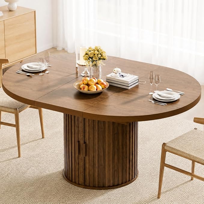 43"-59" Extendable Round Dining Table with Hidden Storage, Modern Wooden Kitchen Table with Fluted Sliding Door Cabinet, Oval Dining Table for Dining Room Living Room, Walnut
