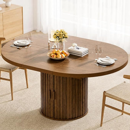 43"-59" Extendable Round Dining Table with Hidden Storage, Modern Wooden Kitchen Table with Fluted Sliding Door Cabinet, Oval Dining Table for Dining Room Living Room, Walnut