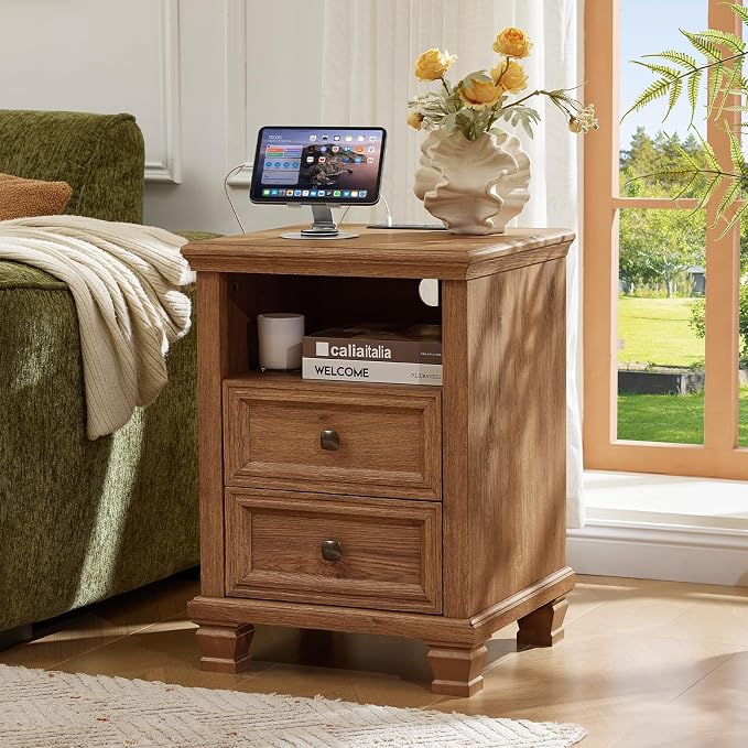 SAVOR LIFE Farmhouse Night Stand with Charging Station, Antique Bedside Table with Open Shelf & Thick Tabletop & Square Wooden Legs, Brown