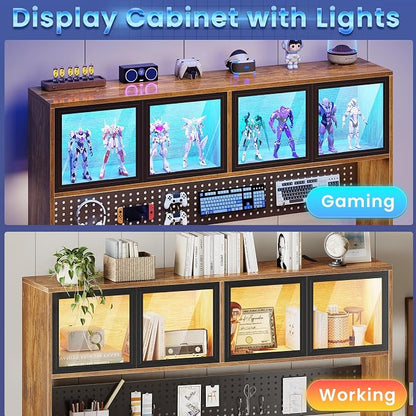 SEDETA 67" Standing L Shaped Gaming Desk, Office Computer Desk with Storage Hutch, Stand Up Corner Desk with Pegboard & Led Lights for Home Office, Rustic Brown