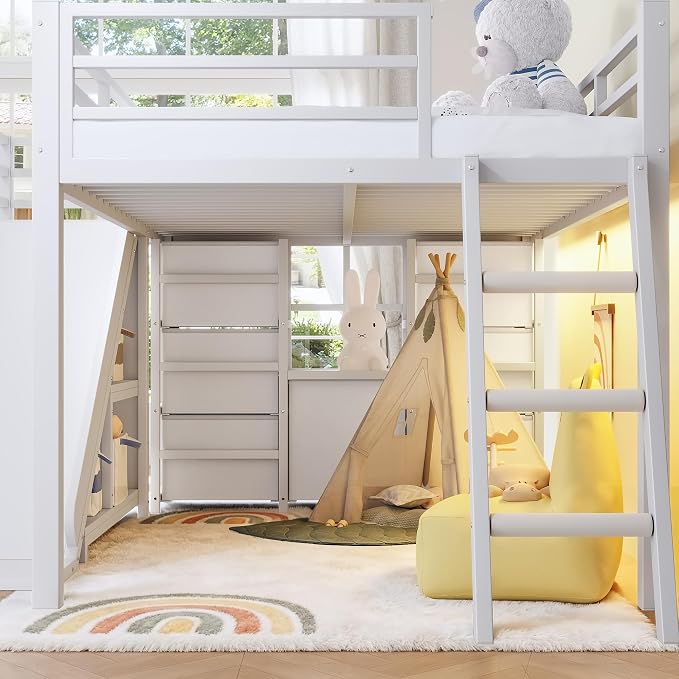 Bellemave Twin Size Loft Bed with 7 Non-Woven Fabric Drawers, Shelves and Wardrobe, Twin Loft Bed with Detachable Slide and Ladders, Low Profile Loft Beds with Lights, Noise Reduced Design White