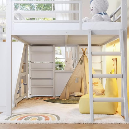 Bellemave Twin Size Loft Bed with 7 Non-Woven Fabric Drawers, Shelves and Wardrobe, Twin Loft Bed with Detachable Slide and Ladders, Low Profile Loft Beds with Lights, Noise Reduced Design White