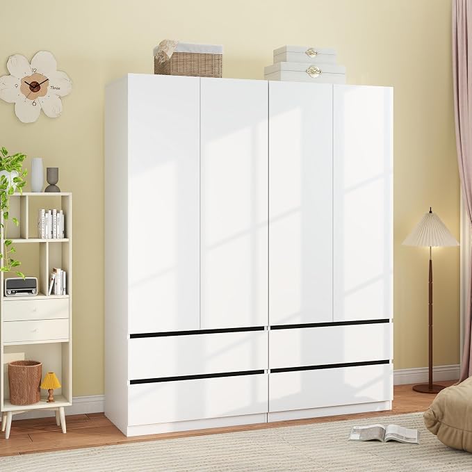 Armoire Wardrobe Closet with Drawers：75" Large White Wardrobe Closet Cabinet with 4 Doors for Hanging Clothes, Modern Wooden Bedroom Armoires with 4 Drawers and Storage (A+A, 63")
