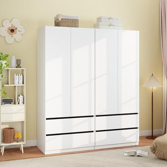 Armoire Wardrobe Closet with Drawers：75" Large White Wardrobe Closet Cabinet with 4 Doors for Hanging Clothes, Modern Wooden Bedroom Armoires with 4 Drawers and Storage (A+A, 63")
