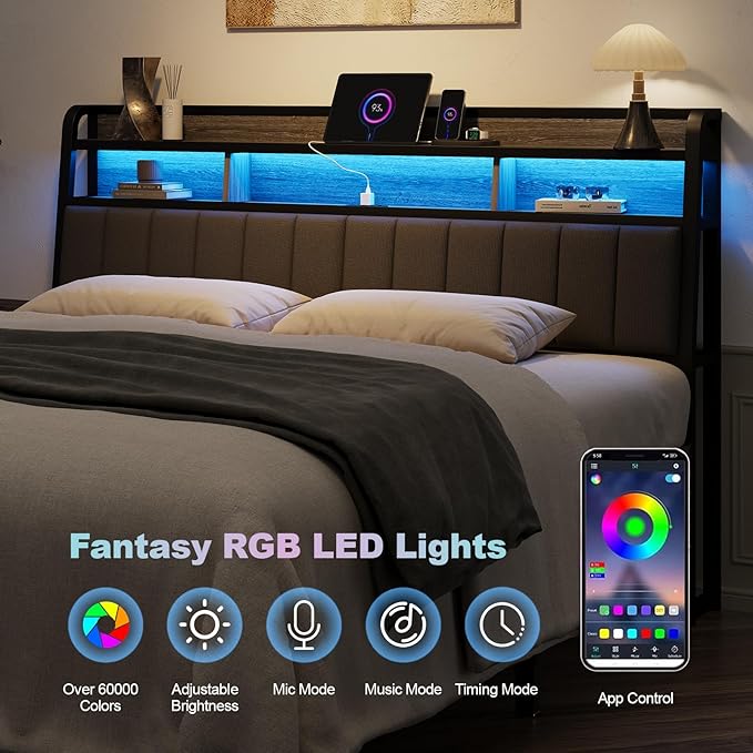King Headboard Only with Storage, Upholstered Headboards for King Size Bed with LED Light, Charging Station, Height Adjustable, Sturdy and Stable Headboard, Black & Grey