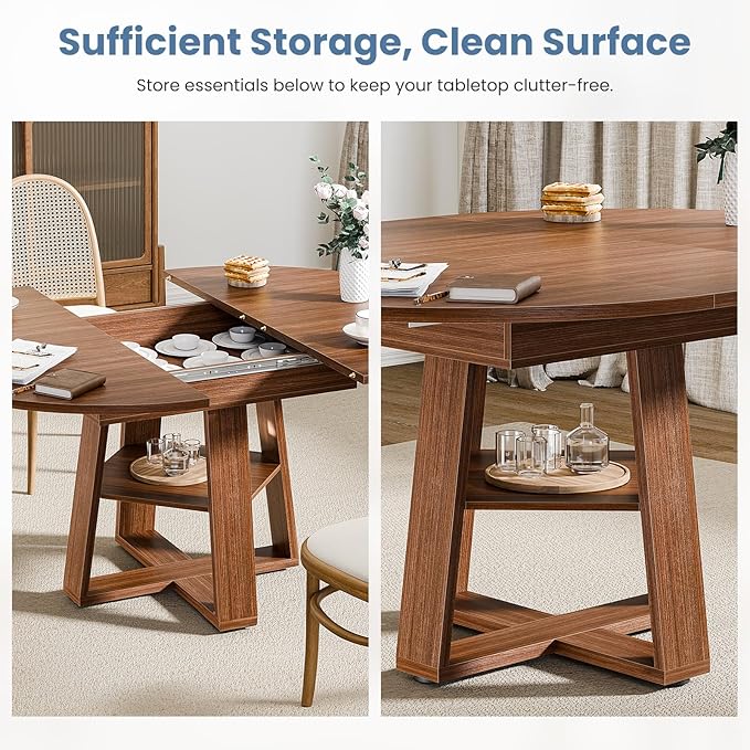 DUMOS Extendable Round Dining Table for 4-6, Modern Kitchen Oval Dinner Table with Storage Shelf, Wood Pedestal Base, Space Saving Modern Style, Brown