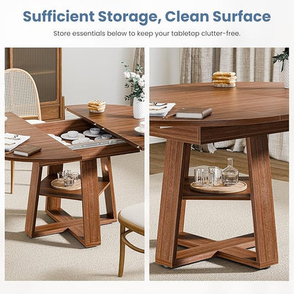DUMOS Extendable Round Dining Table for 4-6, Modern Kitchen Oval Dinner Table with Storage Shelf, Wood Pedestal Base, Space Saving Modern Style, Brown