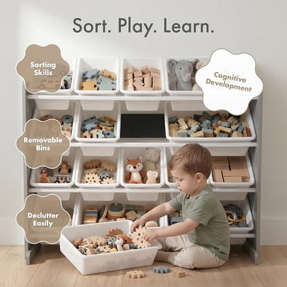 Humble Crew Toy Storage Organizer with 16 Removable Storage Bins for Kids Playroom, 4-Tier Toddler Toy Organization and Storage, Grey/White
