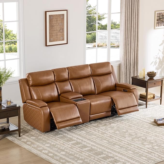 Watson & Whitely Genuine Leather Power Recliner Sofa with Console, 3 Seater Zero Gravity Reclining Sofa with Power Headrest & Flip Middle Backrest Table, Cup Holders for Living Room, Saddle Brown