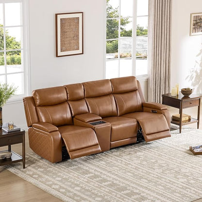 Watson & Whitely Genuine Leather Power Recliner Sofa with Console, 3 Seater Zero Gravity Reclining Sofa with Power Headrest & Flip Middle Backrest Table, Cup Holders for Living Room, Saddle Brown