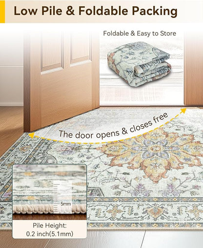 RELEANY Area Rugs Square 7ft Washable Non-Slip, Floral Vintage Distress Medallion Carpet for Living Room Bedroom Dining Room, Beige Carbon Grey Orange