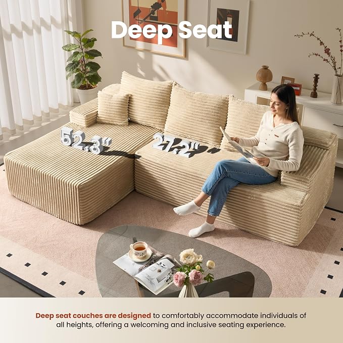 ovios 96" Cloud Sectional Couch with L-Shape Chaise,Modern Modular Sofa with Deep Seat, Upholstered Couches for Living Room Bedroom,No Assembly Required, Beige (Plush Corduroy Fabric)
